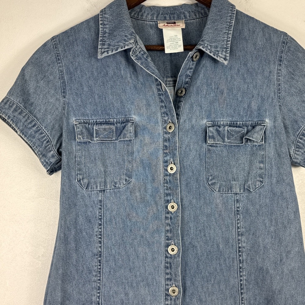 Vintage Faded Glory Denim Dress Womens 10 Button Front Short Sleeve Cottage 00s‎ - Picture 3 of 10